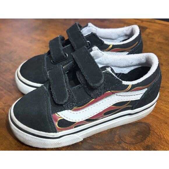 Vans Toddler Old Skool V Metallic Flame Sz 7C Black White Hook& Loop Shoes EUC - Picture 2 of 8
